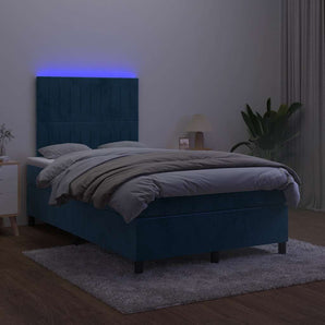 Pat box spring cu saltea/LED albastru închis 120x190cm catifea