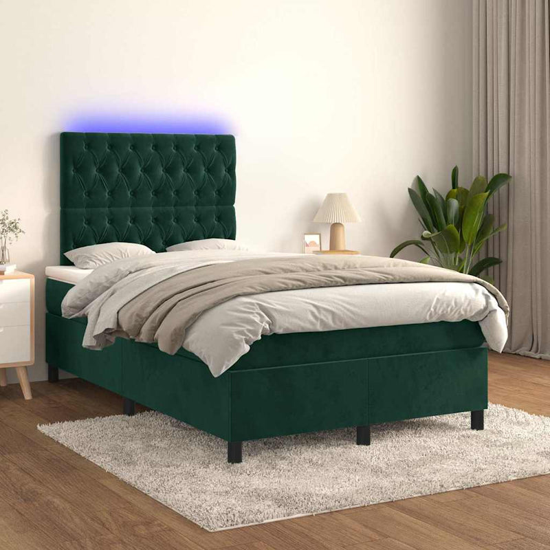 Pat cu arcuri, saltea și LED, verde închis, 120x190 cm, catifea