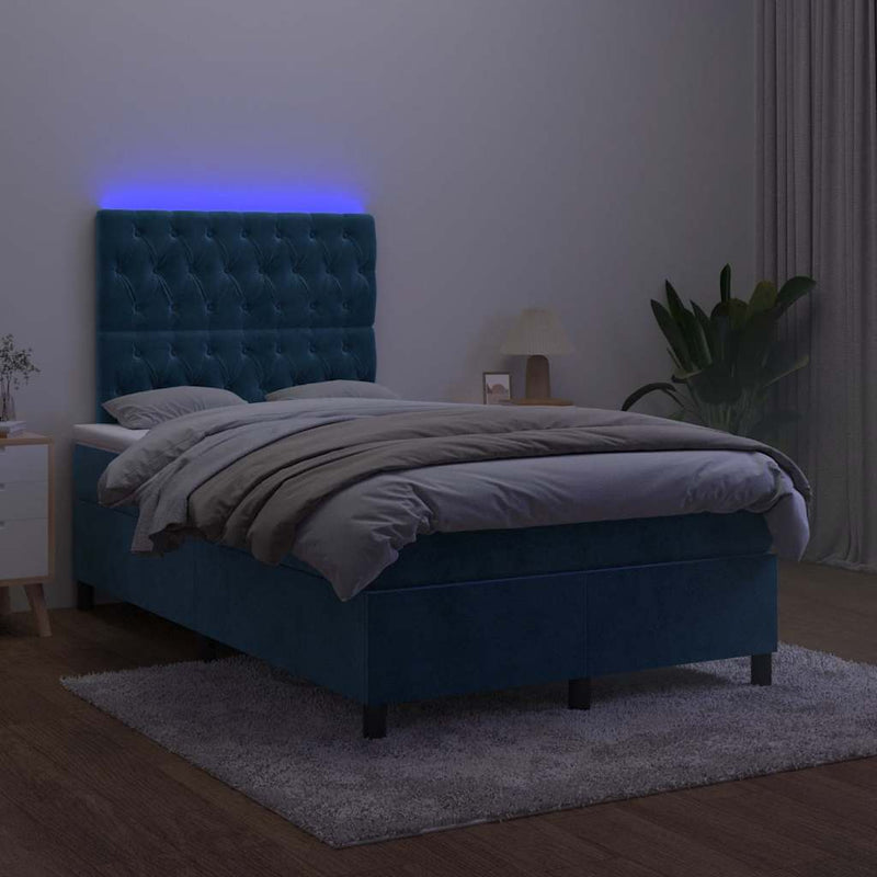 Pat box spring cu saltea/LED albastru închis 120x190cm catifea