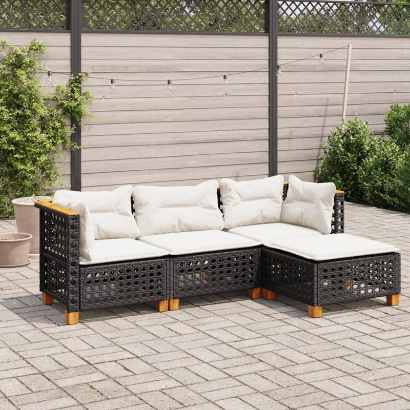 Set mobilier de grădină cu perne, 4 piese, negru, poliratan