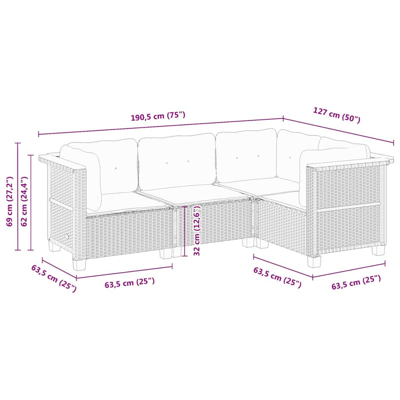 Set mobilier de grădină cu perne, 4 piese, negru, poliratan