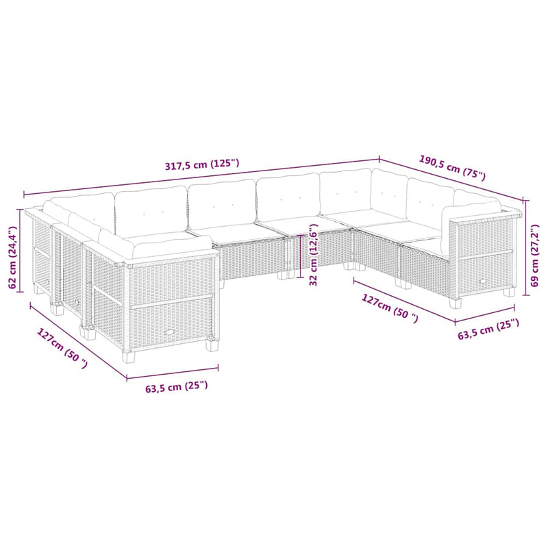 Set mobilier de grădină cu perne, 9 piese, negru, poliratan