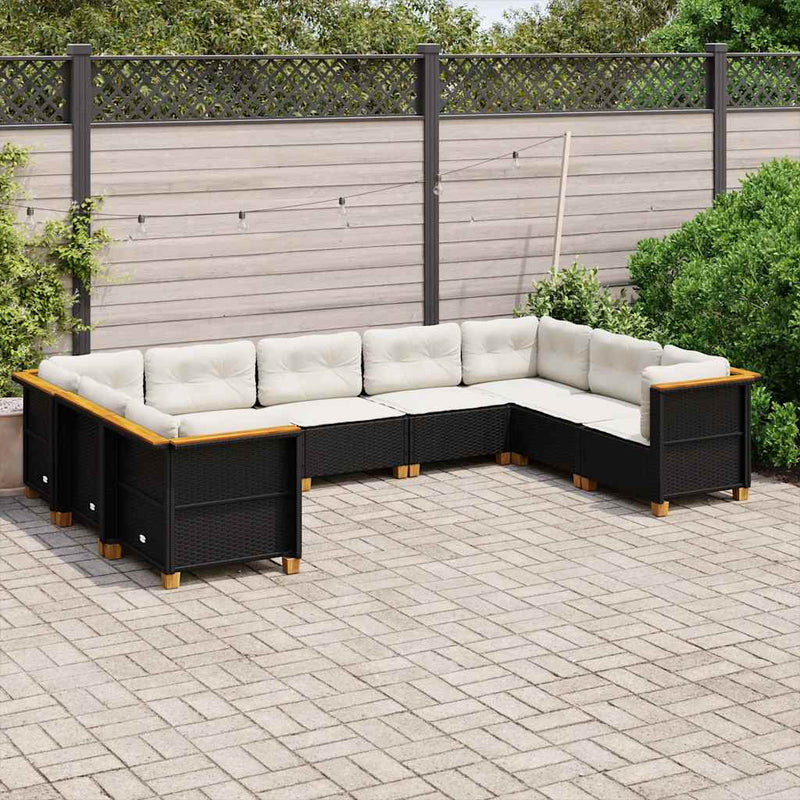 Set mobilier de grădină cu perne, 9 piese, negru, poliratan