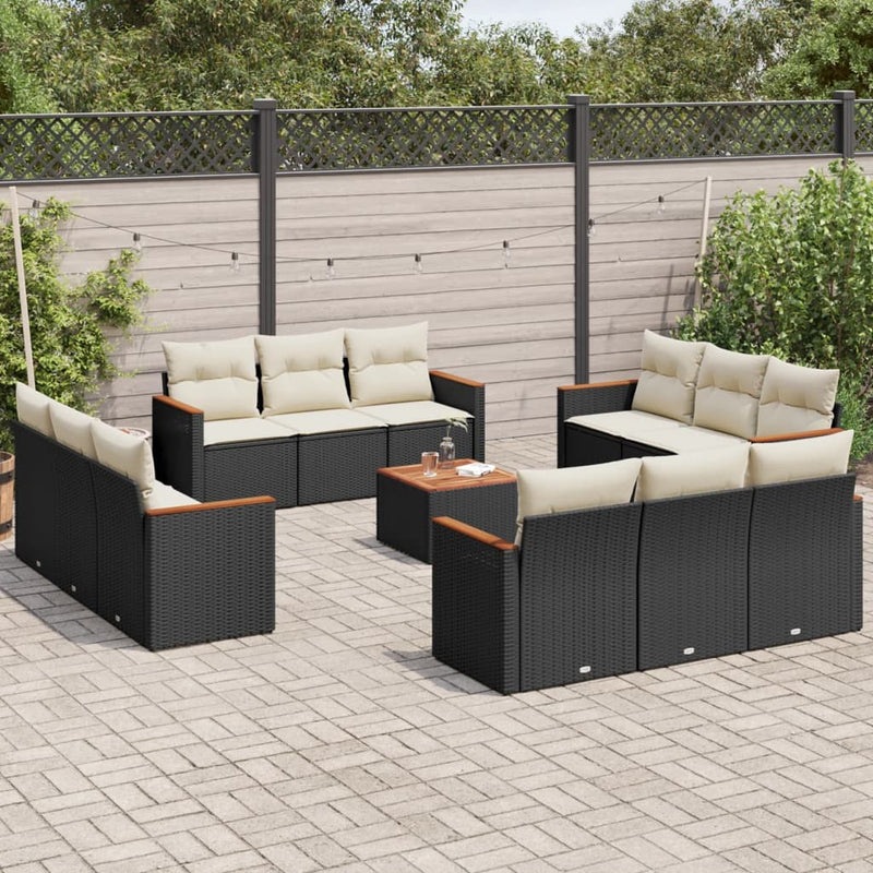 Set mobilier de grădină cu perne, 13 piese, negru, poliratan