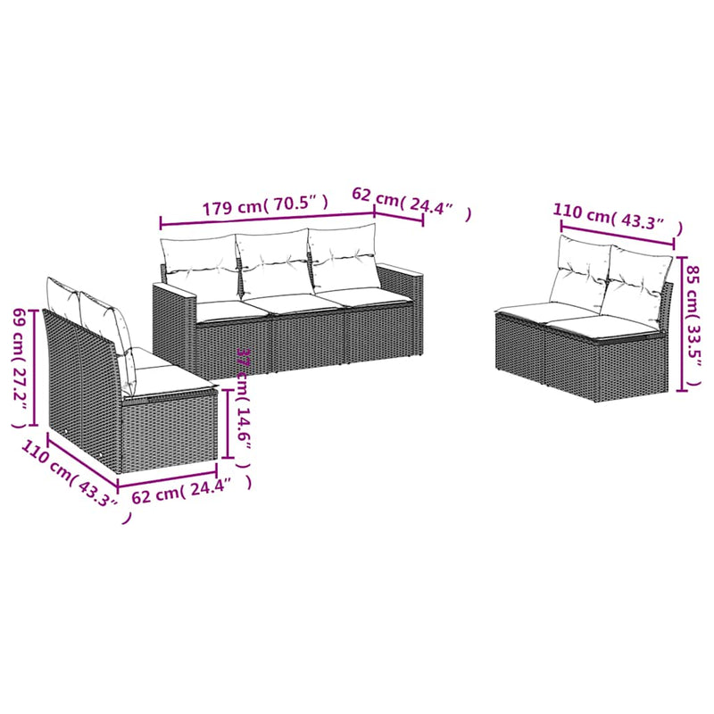 Set canapele de grădină cu perne, 7 piese, negru, poliratan