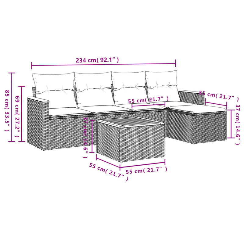Set mobilier de grădină cu perne, 6 piese, negru, poliratan