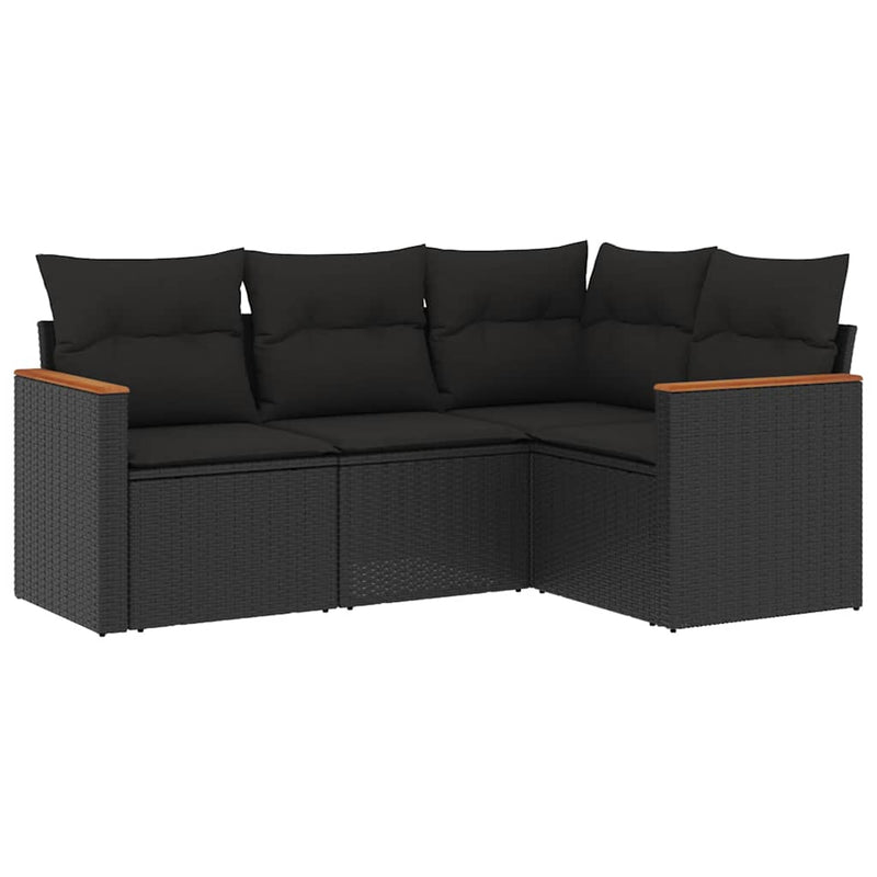 Set mobilier de grădină cu perne, 4 piese, negru, poliratan