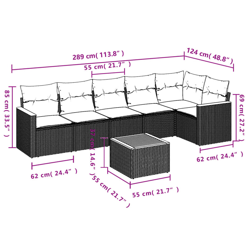 Set canapele de grădină cu perne, 7 piese, negru, poliratan