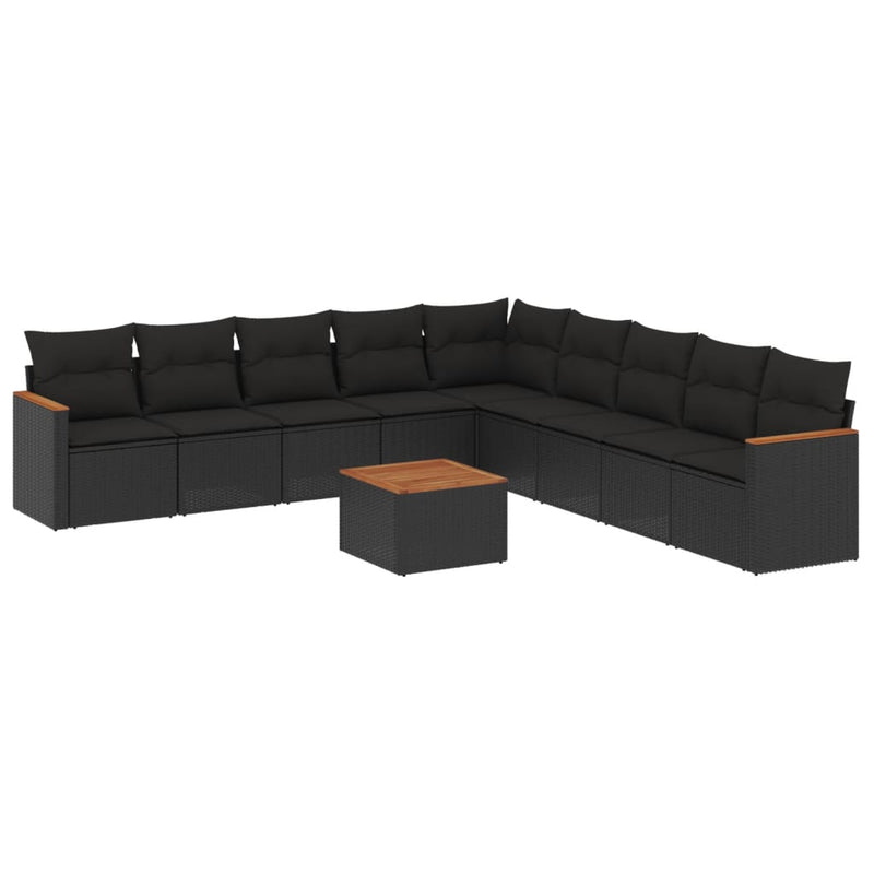 Set canapele de grădină cu perne, 10 piese, negru, poliratan