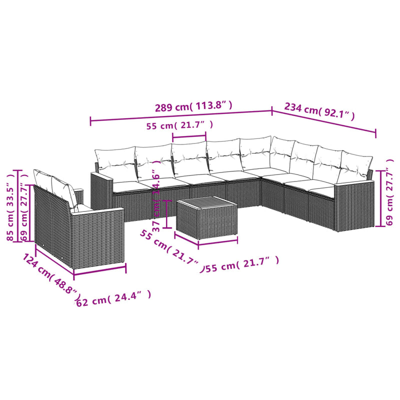 Set canapele de grădină cu perne, 11 piese, gri, poliratan