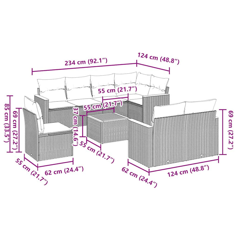 Set mobilier de grădină cu perne, 9 piese, negru, poliratan