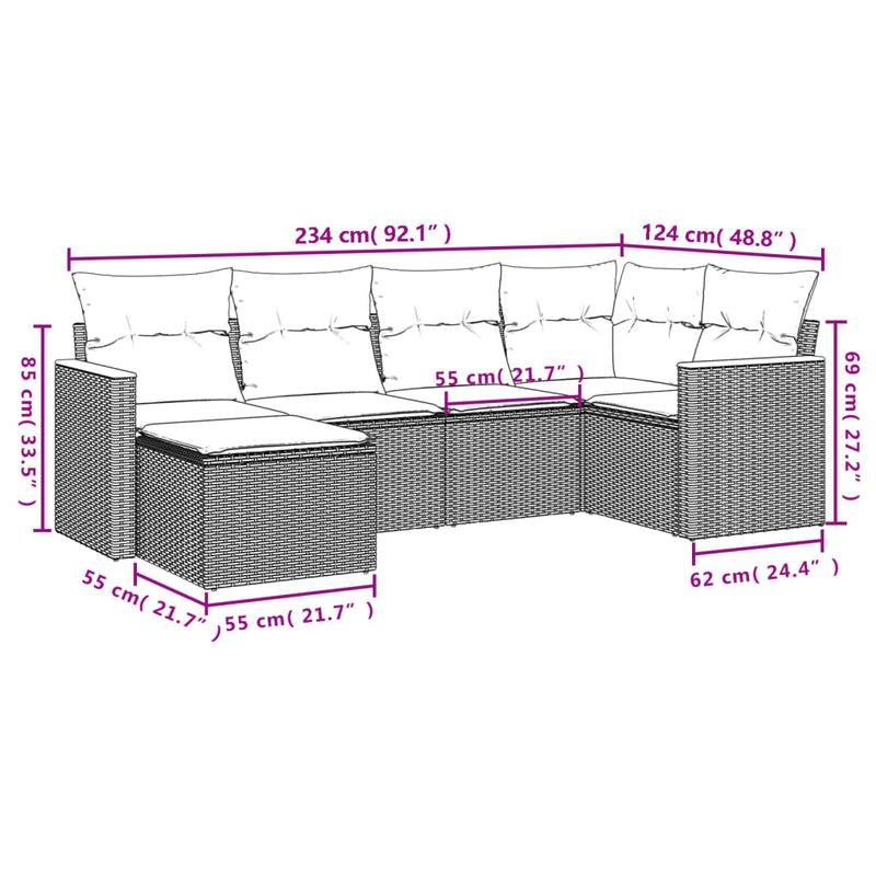 Set mobilier grădină cu perne, 6 piese, gri, poliratan