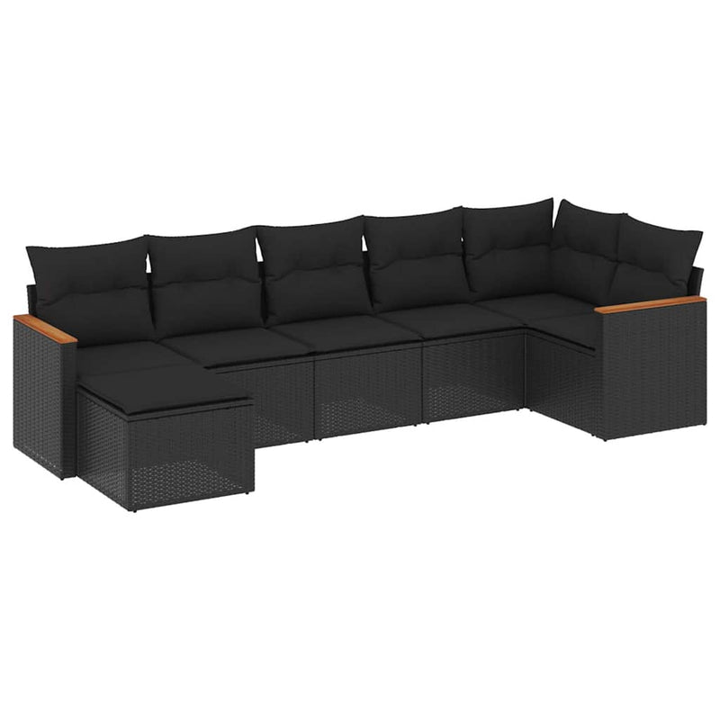 Set canapele de grădină cu perne, 7 piese, negru, poliratan