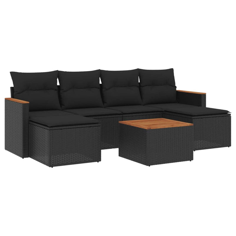 Set canapele de grădină cu perne, 7 piese, negru, poliratan