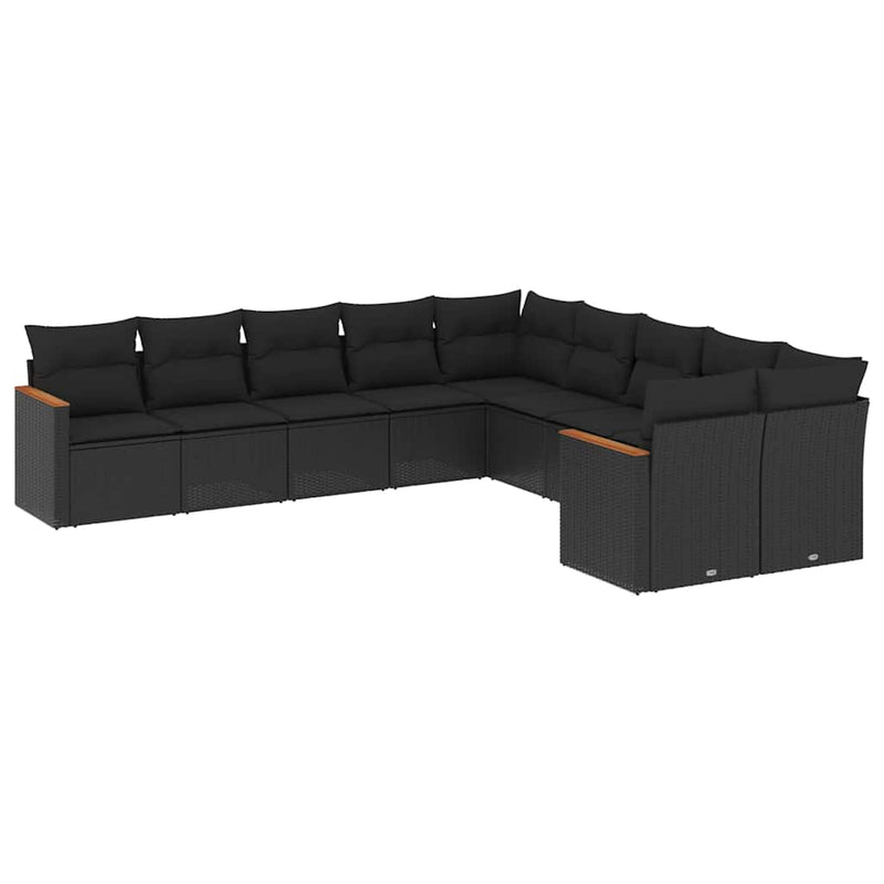 Set canapele de grădină cu perne, 10 piese, negru, poliratan