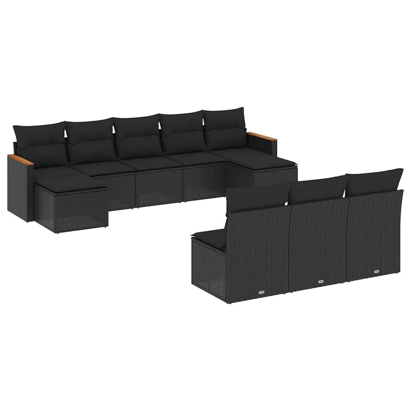 Set canapele de grădină cu perne, 10 piese, negru, poliratan