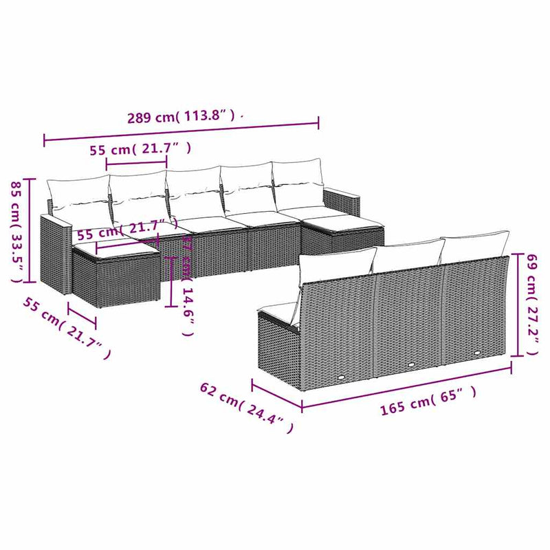 Set canapele de grădină cu perne, 10 piese, negru, poliratan