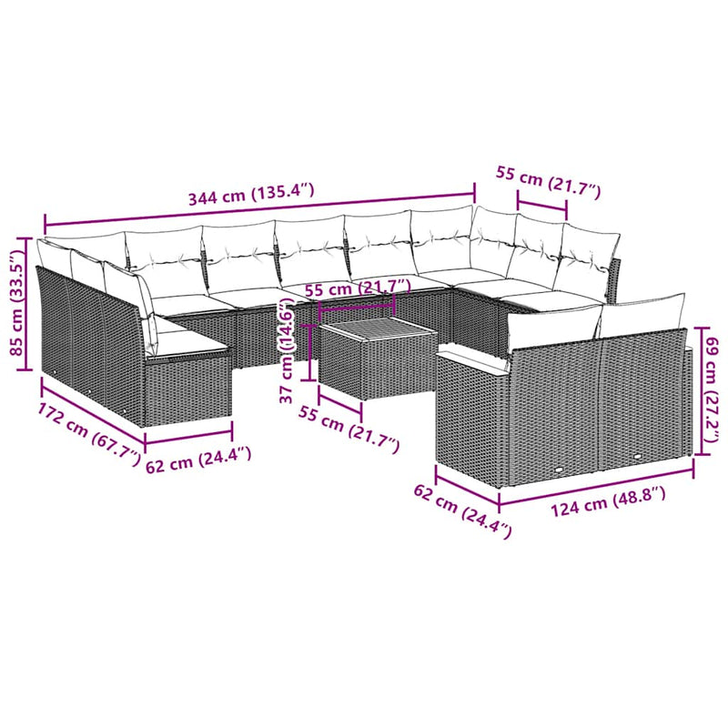 Set mobilier de grădină cu perne, 13 piese, negru, poliratan