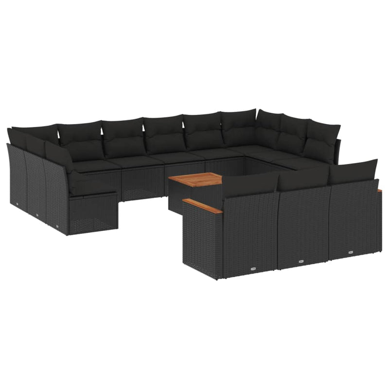 Set mobilier de grădină cu perne, 14 piese, negru, poliratan