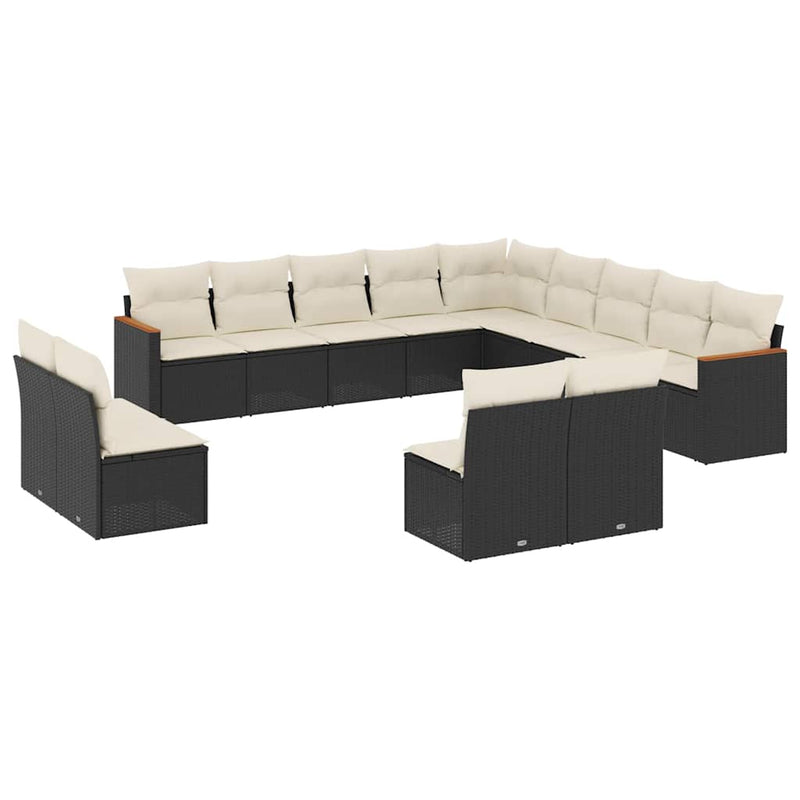 Set mobilier de grădină cu perne, 13 piese, negru, poliratan