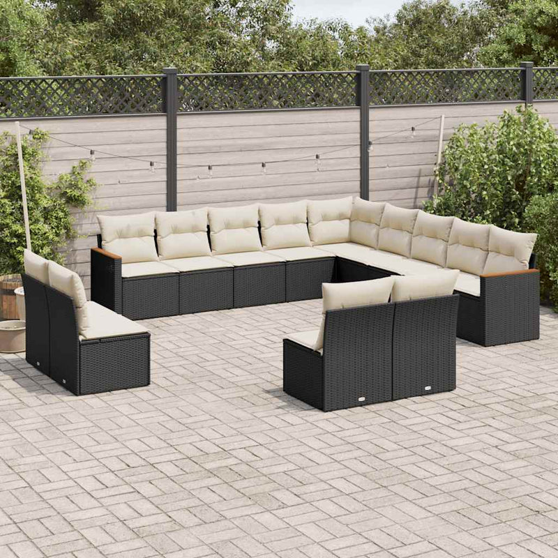 Set mobilier de grădină cu perne, 13 piese, negru, poliratan
