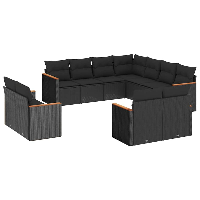 Set canapele de grădină cu perne, 11 piese, negru, poliratan