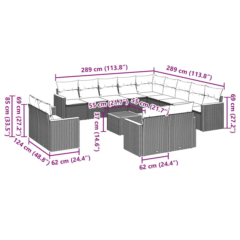 Set mobilier de grădină cu perne, 14 piese, negru, poliratan