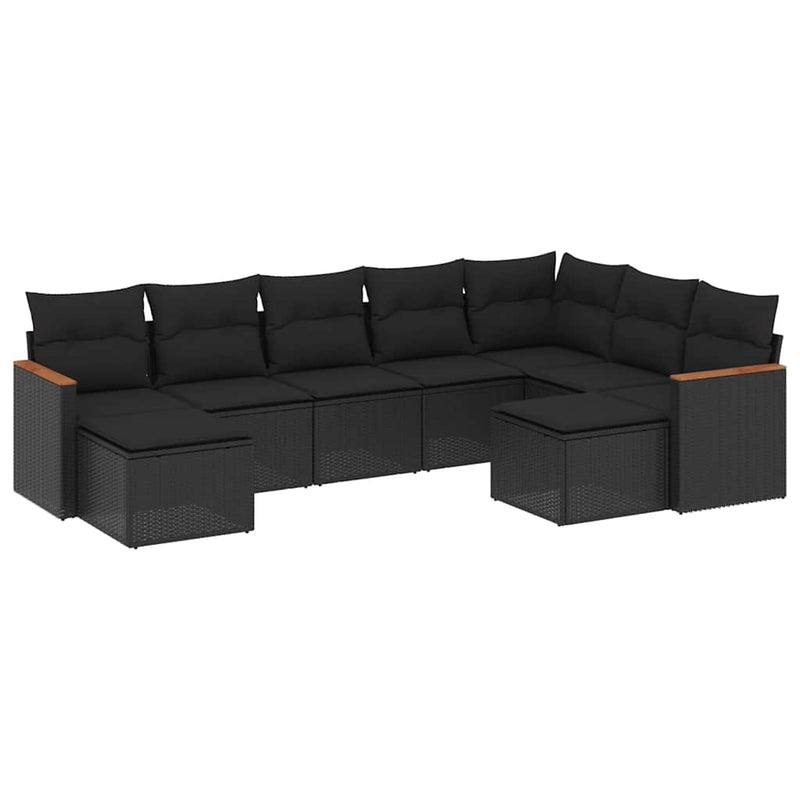 Set mobilier de grădină cu perne, 9 piese, negru, poliratan