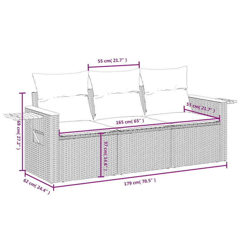 Set mobilier de grădină cu perne, 3 piese, negru, poliratan