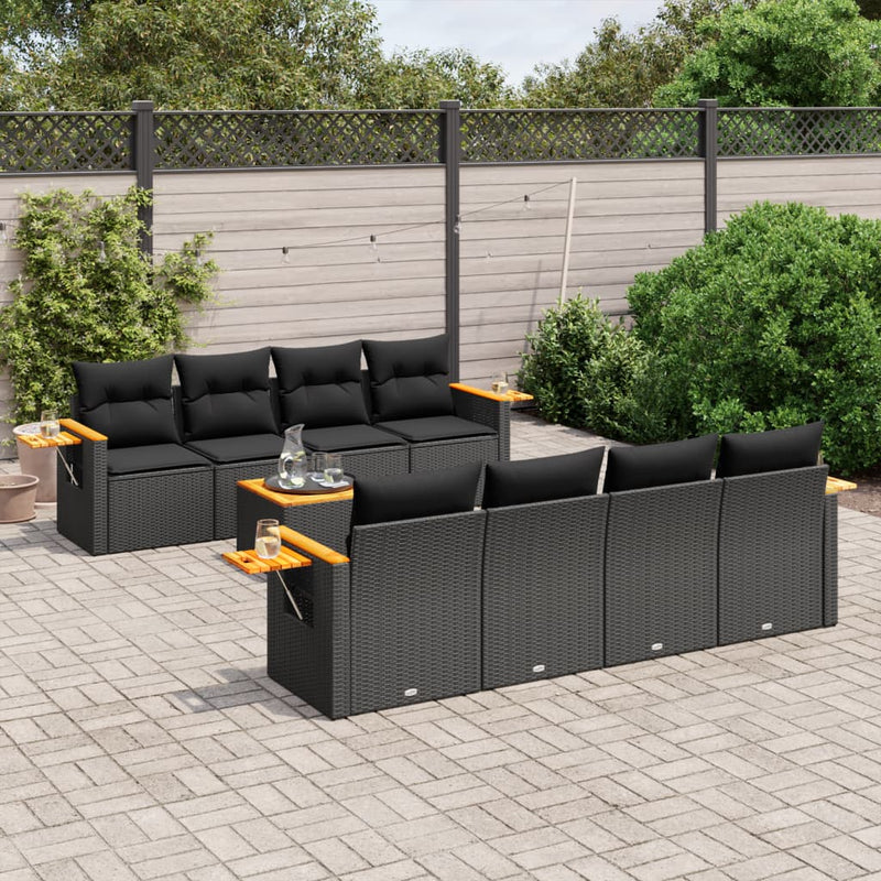 Set mobilier de grădină cu perne, 9 piese, negru, poliratan