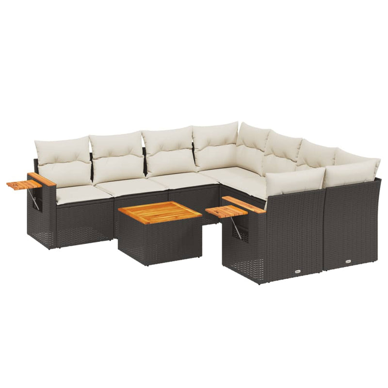 Set mobilier de grădină cu perne, 9 piese, negru, poliratan