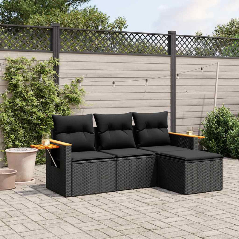 Set mobilier de grădină cu perne, 4 piese, negru, poliratan