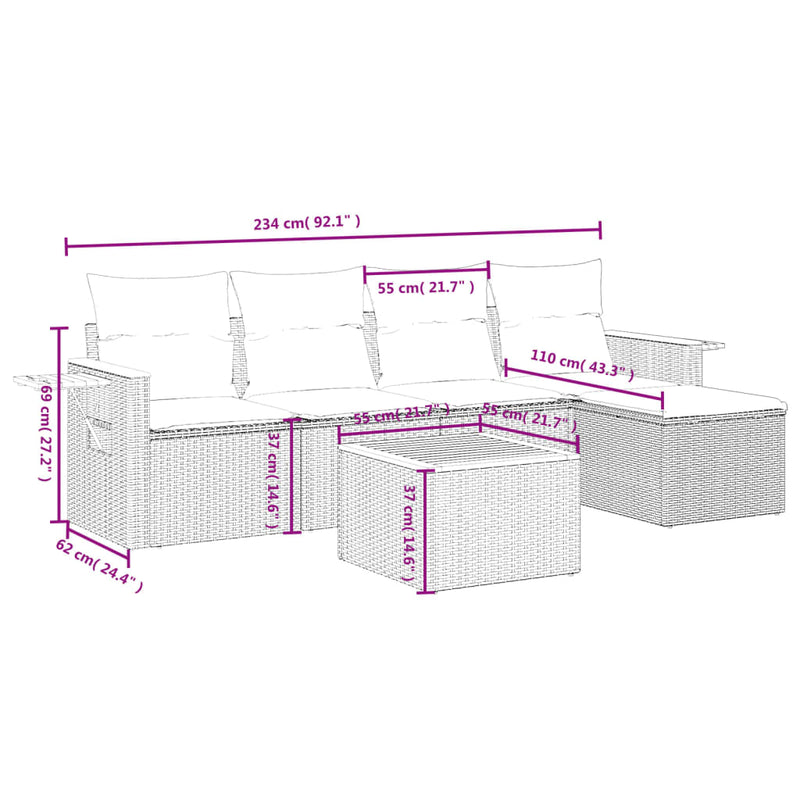 Set mobilier grădină cu perne, 6 piese, gri, poliratan