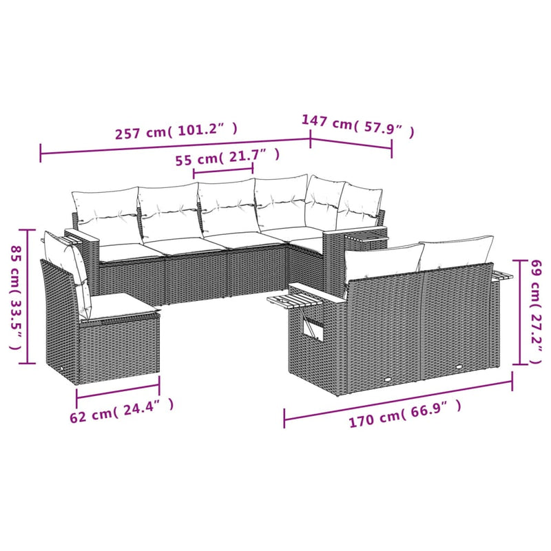 Set mobilier de grădină cu perne, 8 piese, negru, poliratan