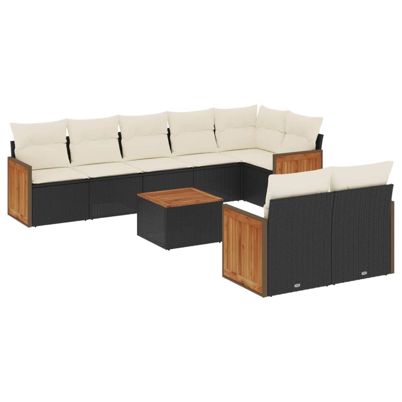 Set mobilier de grădină cu perne, 9 piese, negru, poliratan