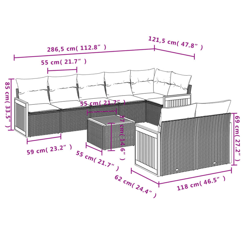 Set mobilier de grădină cu perne, 9 piese, negru, poliratan