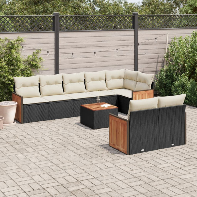 Set mobilier de grădină cu perne, 9 piese, negru, poliratan