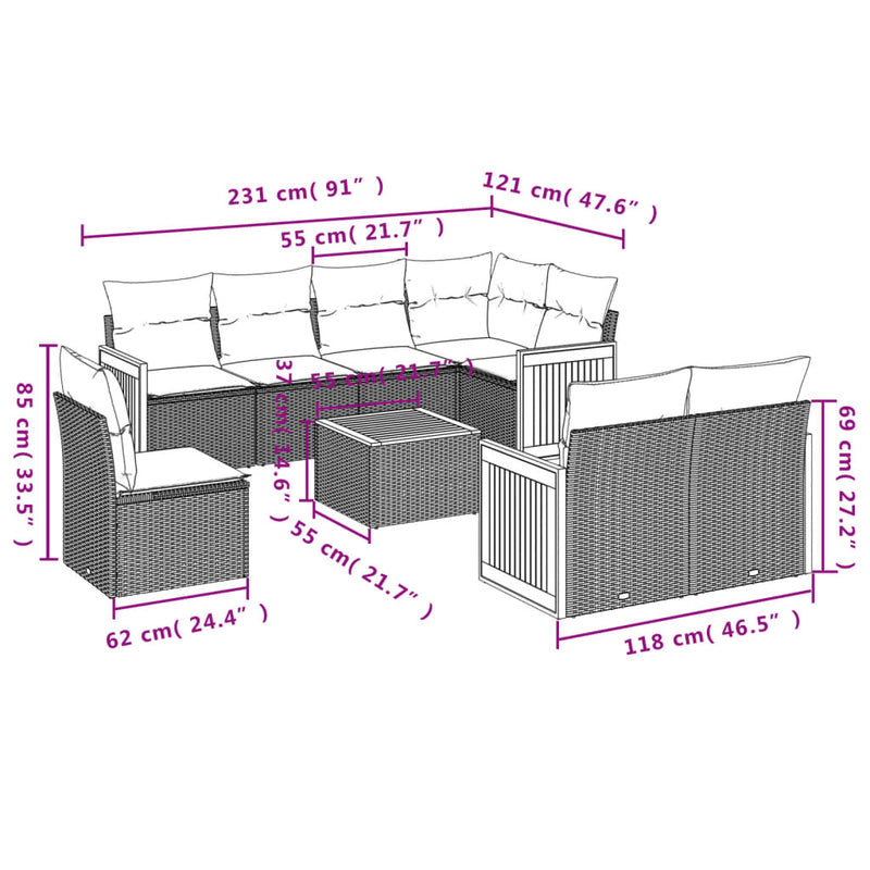 Set mobilier de grădină cu perne, 9 piese, negru, poliratan