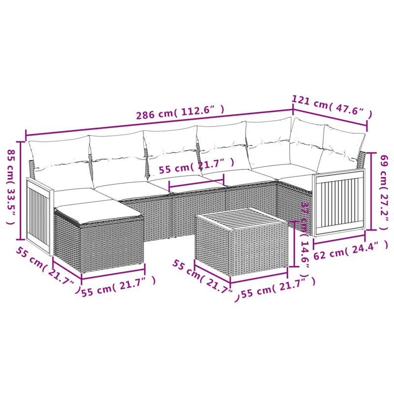 Set mobilier de grădină cu perne, 8 piese, negru, poliratan