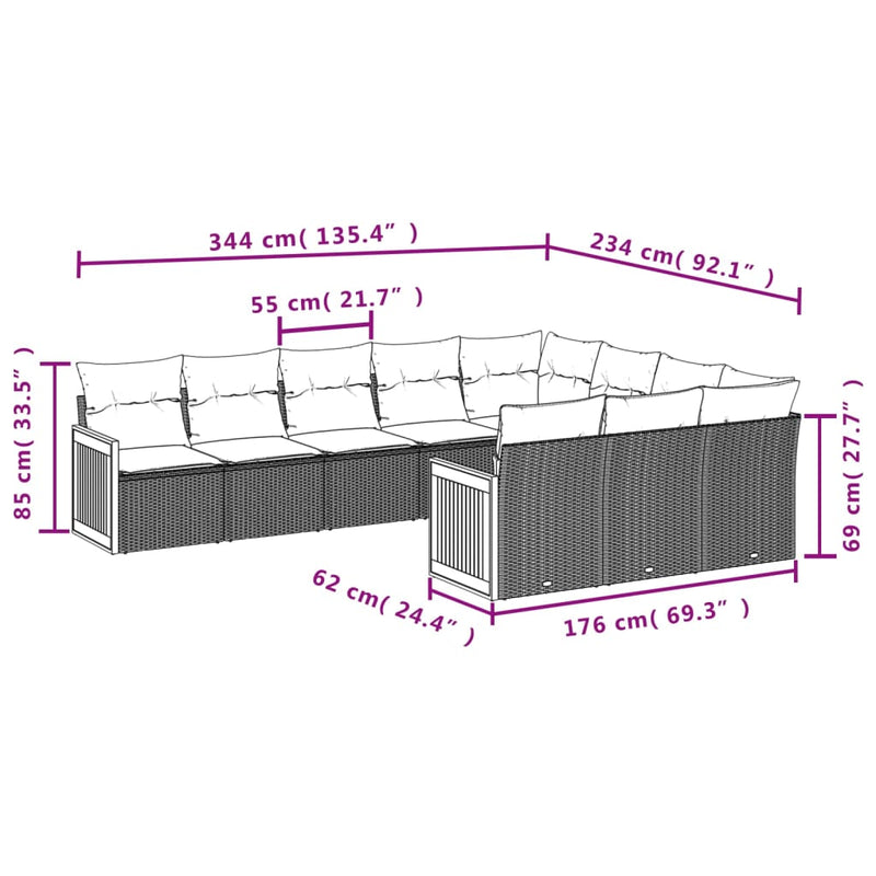 Set mobilier de grădină cu perne, 10 piese, gri, poliratan