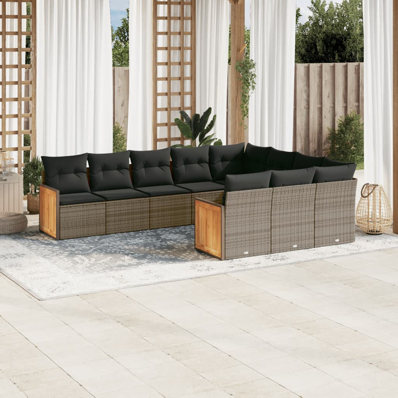 Set mobilier de grădină cu perne, 10 piese, gri, poliratan