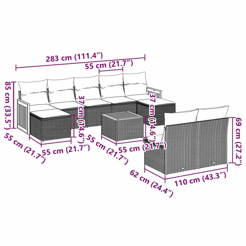 Set canapele de grădină cu perne, 10 piese, negru, poliratan