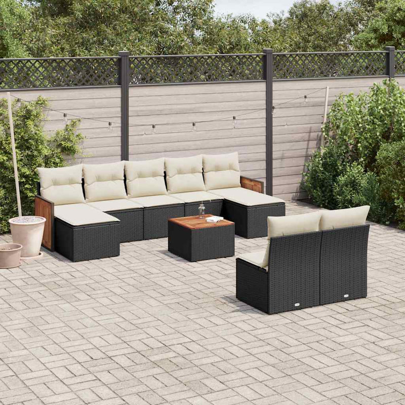 Set canapele de grădină cu perne, 10 piese, negru, poliratan