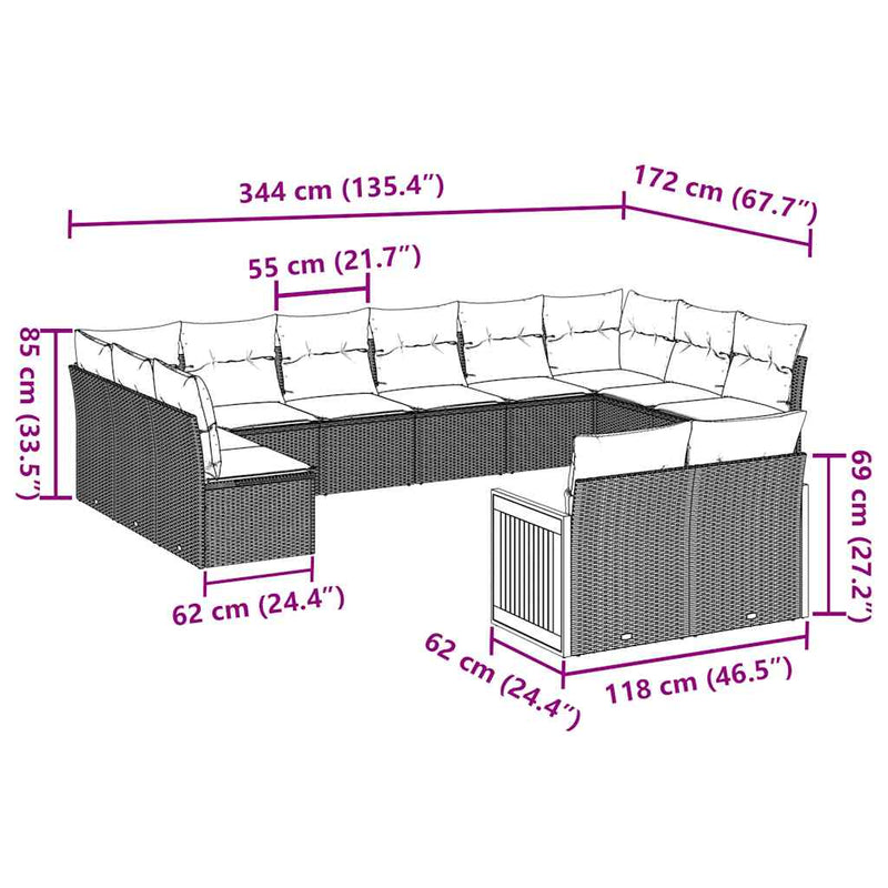 Set canapele de grădină, 12 piese, cu perne, negru, poliratan