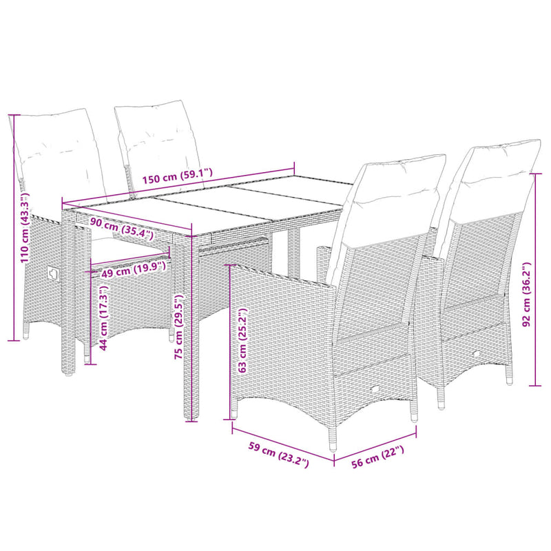Set mobilier de grădină cu perne, 5 piese, negru, poliratan