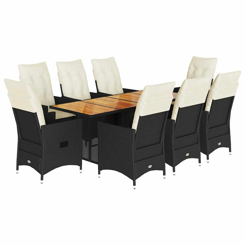 Set mobilier de grădină cu perne, 9 piese, negru, poliratan