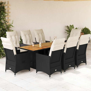 Set mobilier de grădină cu perne, 9 piese, negru, poliratan