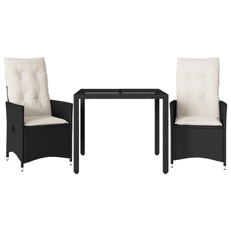 Set bistro cu perne, 3 piese, negru, poliratan