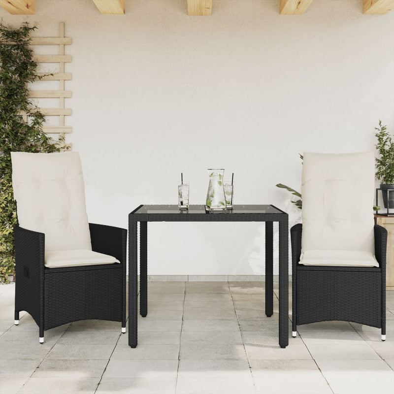 Set bistro cu perne, 3 piese, negru, poliratan