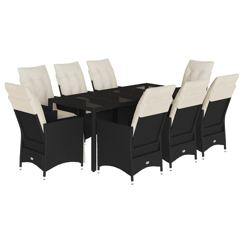 Set mobilier de grădină cu perne, 9 piese, negru, poliratan